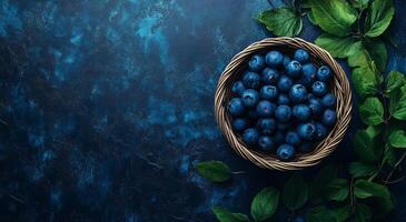 Fresh blueberries in a basket with green leaves on a dark textured background photo