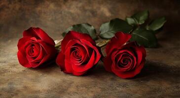 Fresh red roses arranged elegantly on a textured surface for a romantic setting or gift photo
