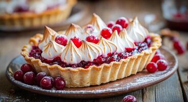 Delicious cranberry meringue tart on a rustic wooden table with fresh berries and sugar dusting photo