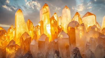 Golden quartz crystals illuminated by sunlight against a dramatic sky in a natural setting photo