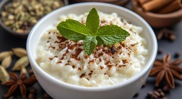 Creamy rice pudding topped with mint and spices, captured in a cozy kitchen setting photo
