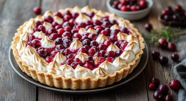 Delicious cranberry meringue tart on a rustic wooden table with fresh berries and sugar dusting photo