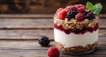 Delicious layered yogurt parfait with fresh berries and granola on wooden table in natural light photo