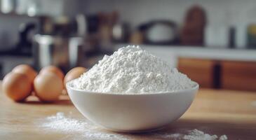 Bowl of flour and fresh eggs prepare for baking at a cozy kitchen counter photo