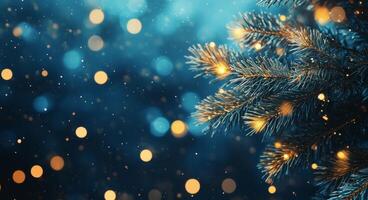 Beautifully decorated evergreen branches with warm lights and falling snowflakes in winter photo