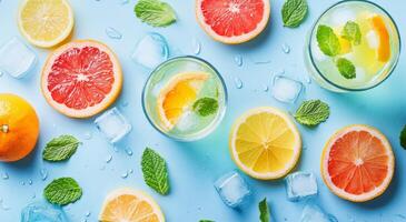 Brightly colored citrus fruits and refreshing drinks on a blue background with ice cubes photo