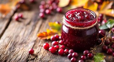 Homemade cranberry jam jar surrounded by fresh cranberries and autumn leaves on a wooden table photo