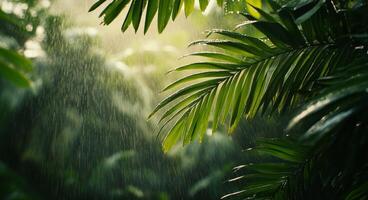 Rain cascading through lush green palm leaves in a tropical rainforest during daytime photo