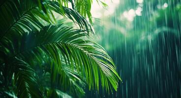Rain cascading through lush green palm leaves in a tropical rainforest during daytime photo