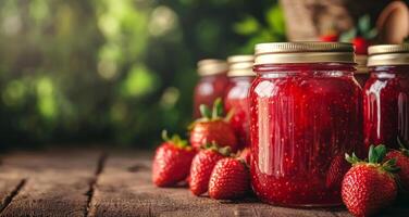 Freshly made strawberry jam in jars with strawberries on rustic wooden table during golden hour photo
