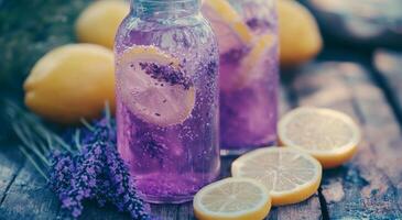 Refreshing lavender lemonade in glass bottles with lemon slices on a rustic wooden surface photo