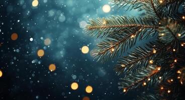 Beautifully decorated evergreen branches with warm lights and falling snowflakes in winter photo