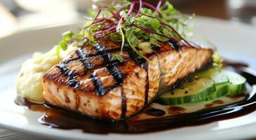 Grilled salmon fillet with fresh herbs and vegetables served on a white plate at a restaurant photo