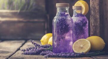 Refreshing lavender lemonade in glass bottles with lemon slices on a rustic wooden surface photo