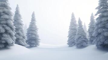 Snowy winter forest with a blank canvas surrounded by pine trees under falling snowflakes photo