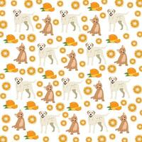 cat, dog with mango and orange as a pattern background vector
