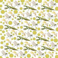 praying mantis, dragonfly with wheat and fruit as a pattern background vector