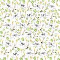 mosquitoes, dragonflies with wheat and cucumbers as a pattern background vector