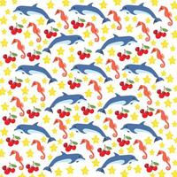 seahorses, dolphins with fruit as a pattern background vector
