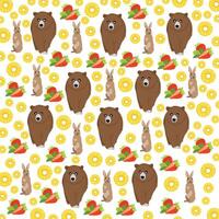 rabbit, bear with strawberry and pineapple as a pattern background vector