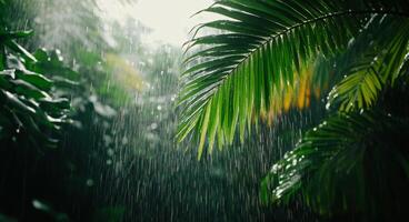Rain cascading through lush green palm leaves in a tropical rainforest during daytime photo