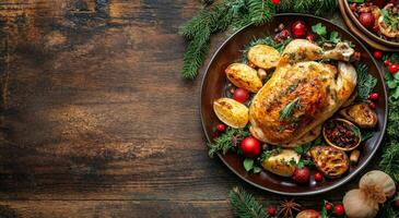 Festive dinner setting with roast chicken, sides, and decorations on a wooden table photo