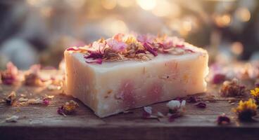 Handmade herbal soap with dried flowers displayed on a wooden surface in a natural setting photo