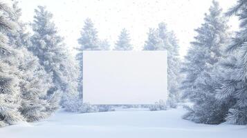 Snowy winter forest with a blank canvas surrounded by pine trees under falling snowflakes photo