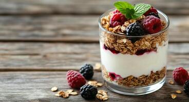 Delicious layered yogurt parfait with fresh berries and granola on wooden table in natural light photo