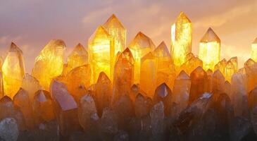 Golden quartz crystals illuminated by sunlight against a dramatic sky in a natural setting photo
