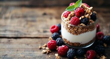 Delicious layered yogurt parfait with fresh berries and granola on wooden table in natural light photo
