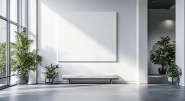Modern minimalist interior with blank wall, seating area, and potted plants in natural light photo