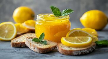 Homemade lemon preserves with fresh mint displayed alongside sliced lemons and bread photo
