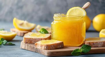 Homemade lemon preserves with fresh mint displayed alongside sliced lemons and bread photo