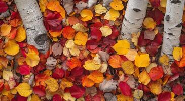 Colorful autumn leaves cover the ground beneath birch trees in a vibrant forest setting photo