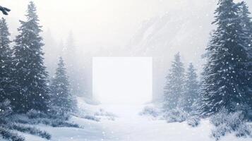 Snowy winter forest with a blank canvas surrounded by pine trees under falling snowflakes photo