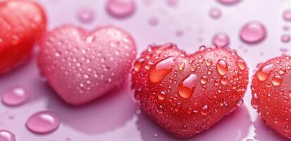 Colorful heart-shaped candies with droplets on a smooth surface in a soft lighting setup photo