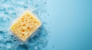 Cleaning sponge surrounded by bubbles on a blue surface during daylight hours photo