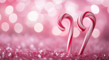 Sweet candy canes create a festive heart shape on a sparkling pink background for the holidays photo