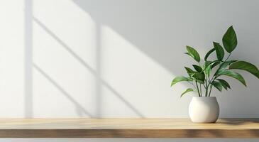 A minimalist corner featuring a potted plant on a wooden shelf against a light-colored wall photo