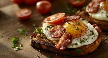 Delicious breakfast with fried eggs, crispy bacon, and cherry tomatoes on toasted bread photo