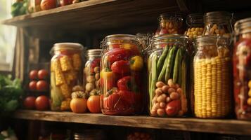 Colorful jars of preserved vegetables arranged on a wooden shelf in a cozy kitchen setting photo