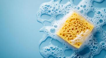 Cleaning sponge surrounded by bubbles on a blue surface during daylight hours photo