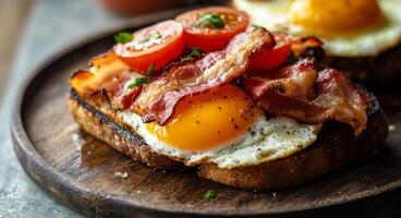 Delicious breakfast with fried eggs, crispy bacon, and cherry tomatoes on toasted bread photo