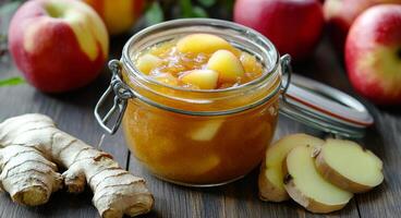 Homemade ginger and apple jam with fresh ginger root and apples on wooden table photo
