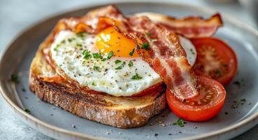 Delicious breakfast with fried eggs, crispy bacon, and cherry tomatoes on toasted bread photo