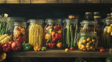 Colorful jars of preserved vegetables arranged on a wooden shelf in a cozy kitchen setting photo
