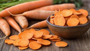Freshly sliced carrots and a bowl of carrot chips on a rustic wooden table with whole carrots photo
