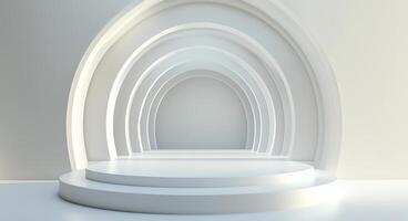 Modern minimalist stage design featuring circular backdrop in soft lighting photo