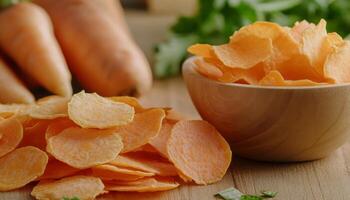 Freshly sliced carrots and a bowl of carrot chips on a rustic wooden table with whole carrots photo